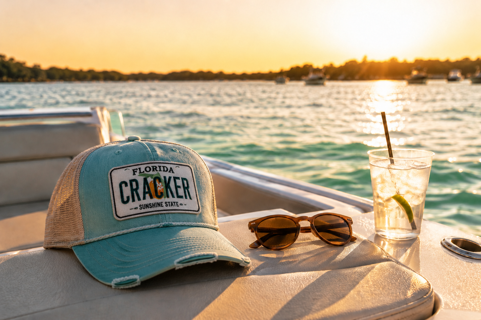 Friends on a center console boat at the sandbar
