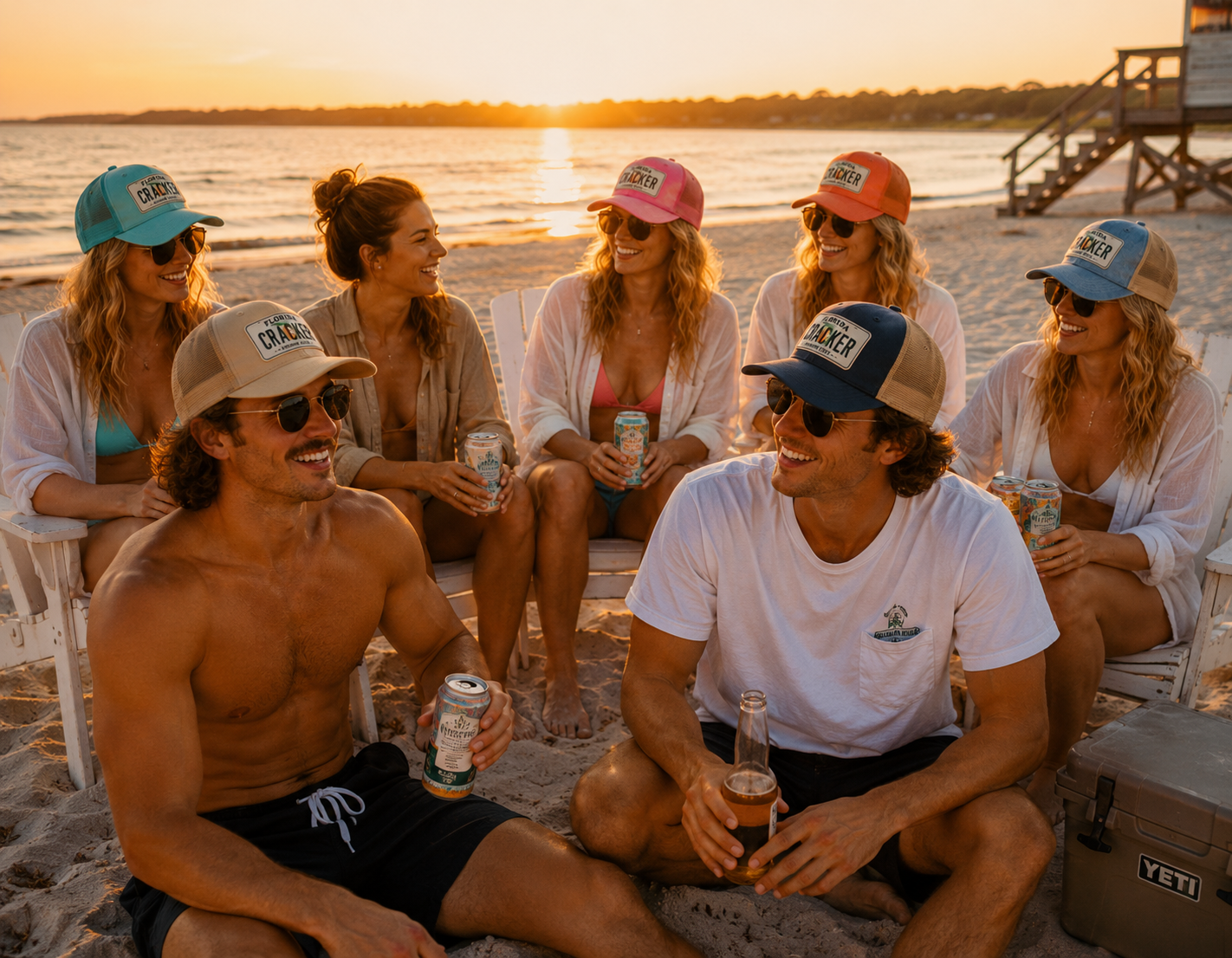 Friends on a Florida Gulf Coast boat at sunset wearing Florida Cracker hats